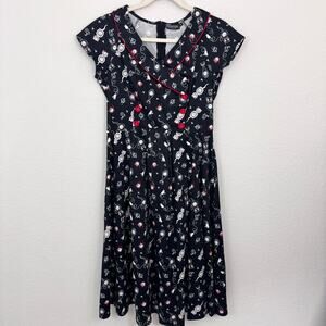 Voodoo Vixen Womens Retro Mod Midi Dress Size M Pinup Cat Clock Pleated Black